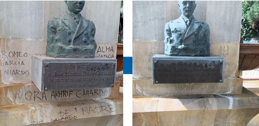 Antes y después de la retirada de las pintadas del monumento
