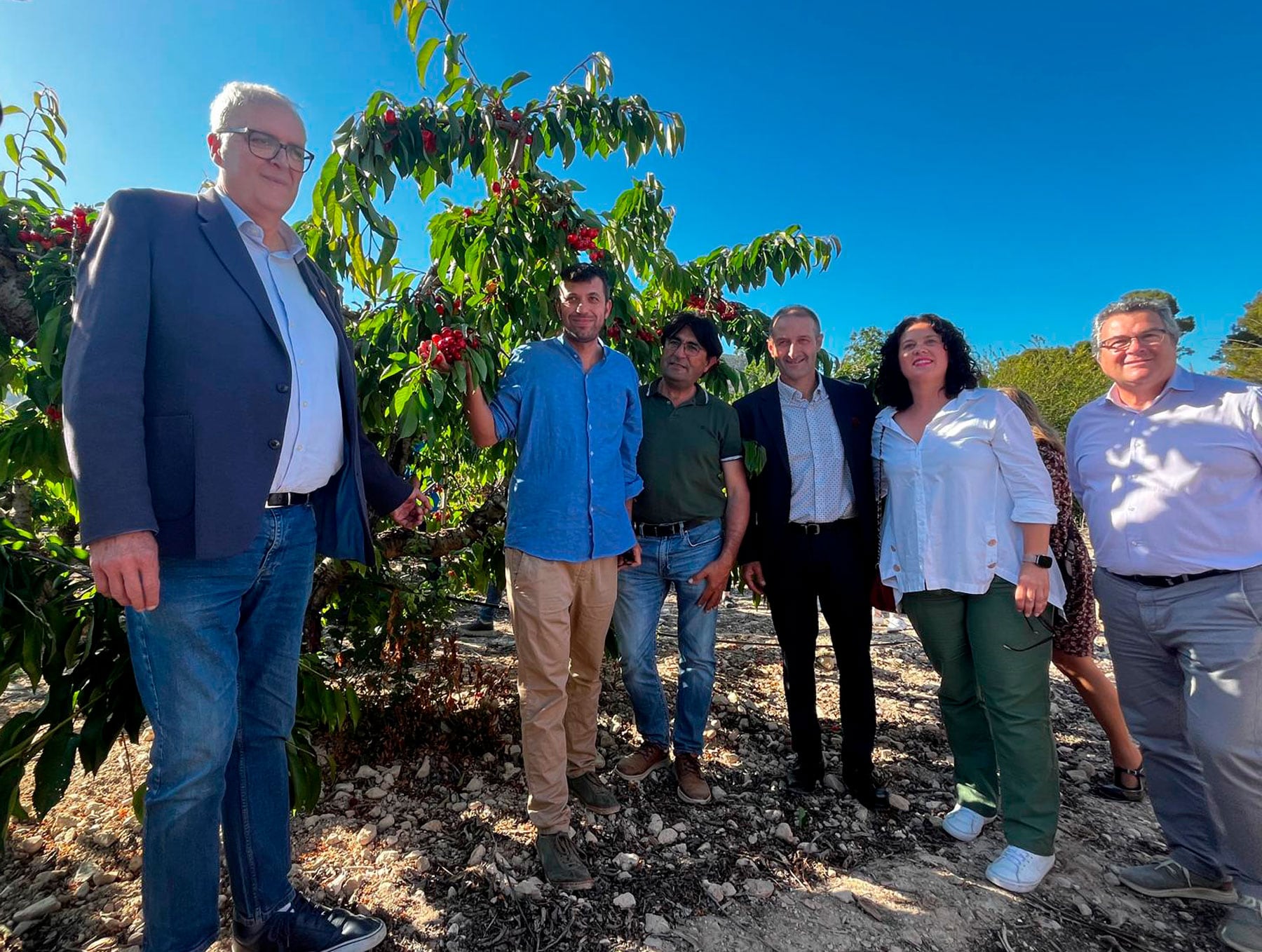 Algunas de las autoridades presentes en el acto justo delante de uno de los cerezos del Mas de Roc