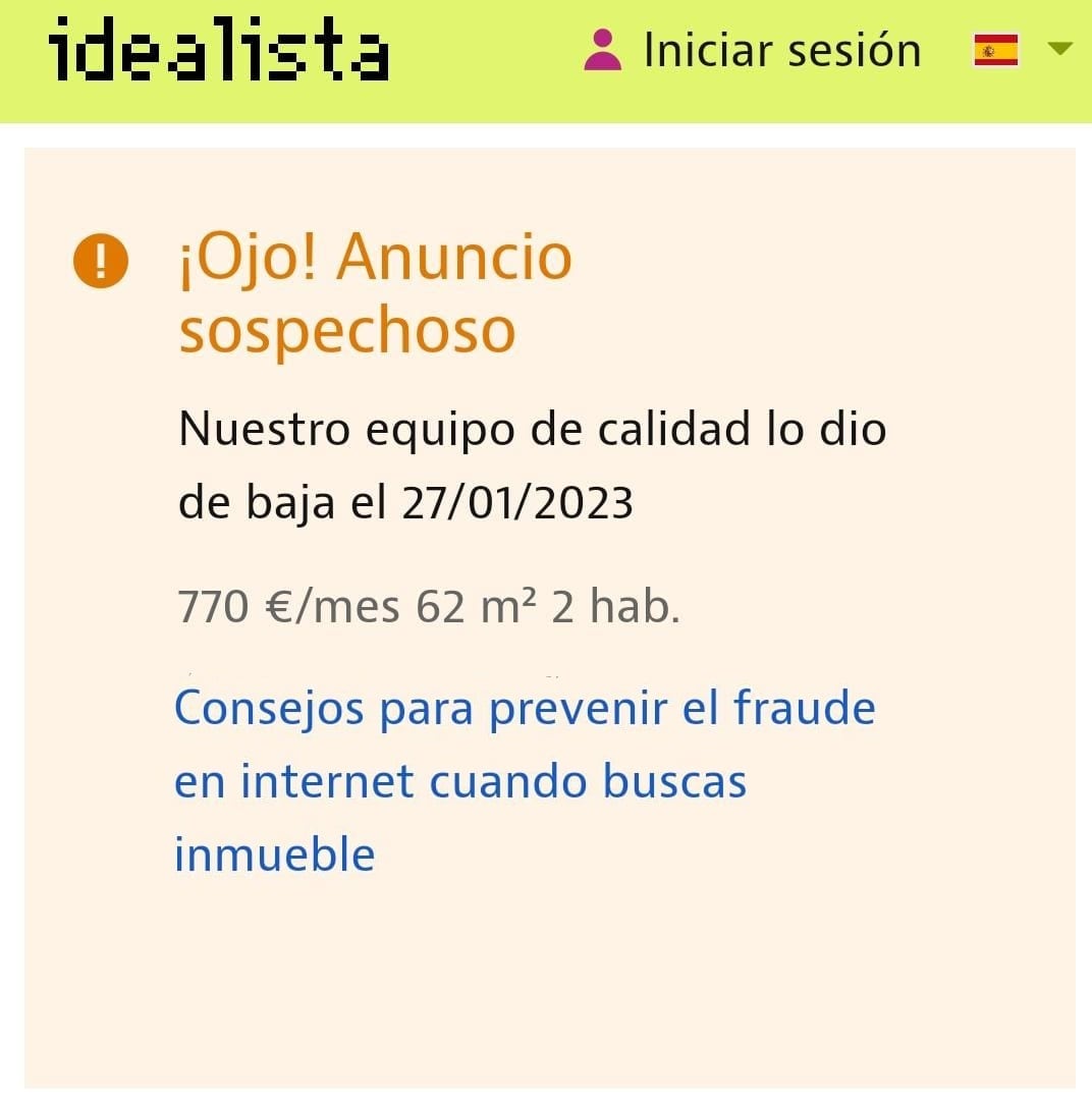 Un anuncio retirado de Idealista.