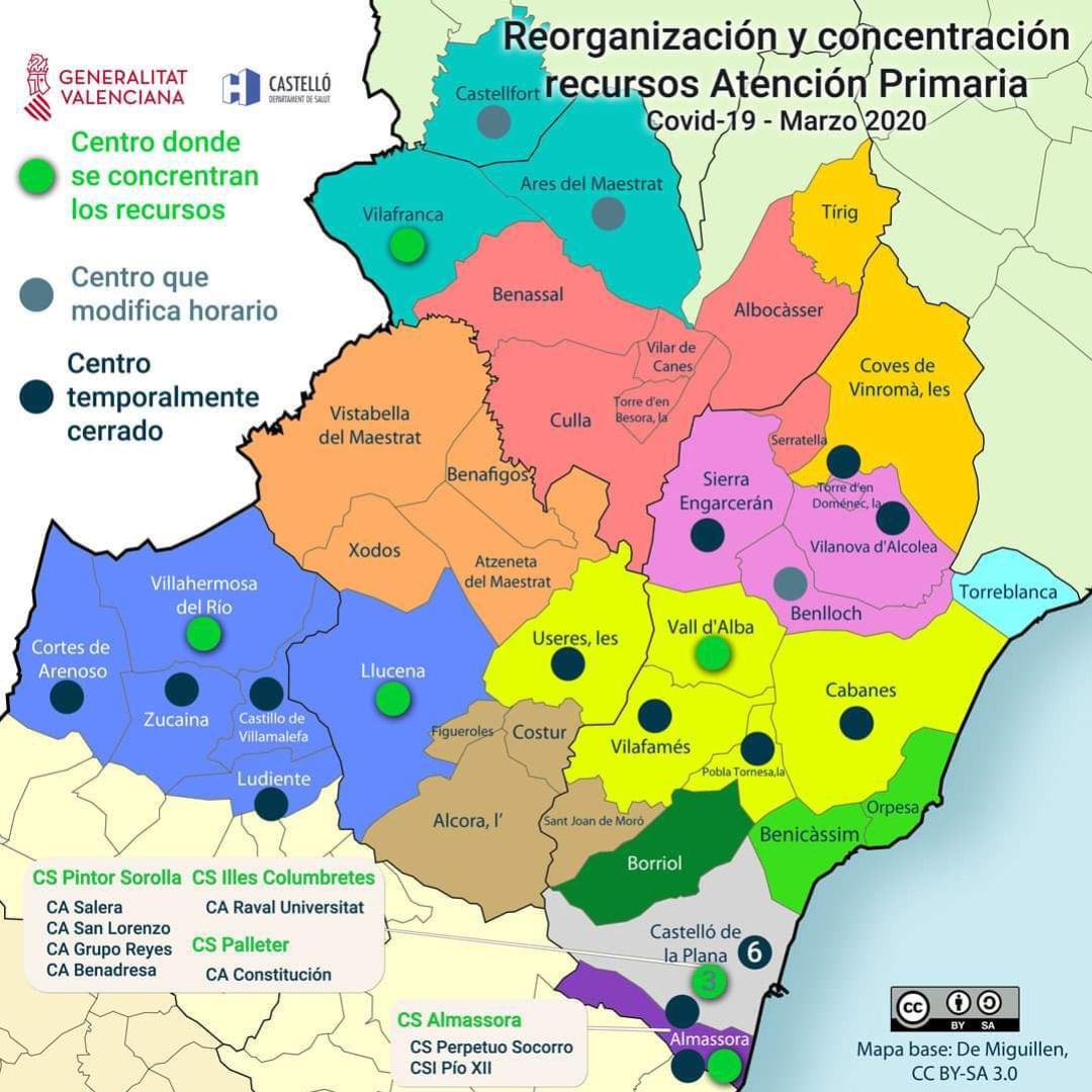 Mapa de centros de atención primeria tras la reorganización y concentración de recursos