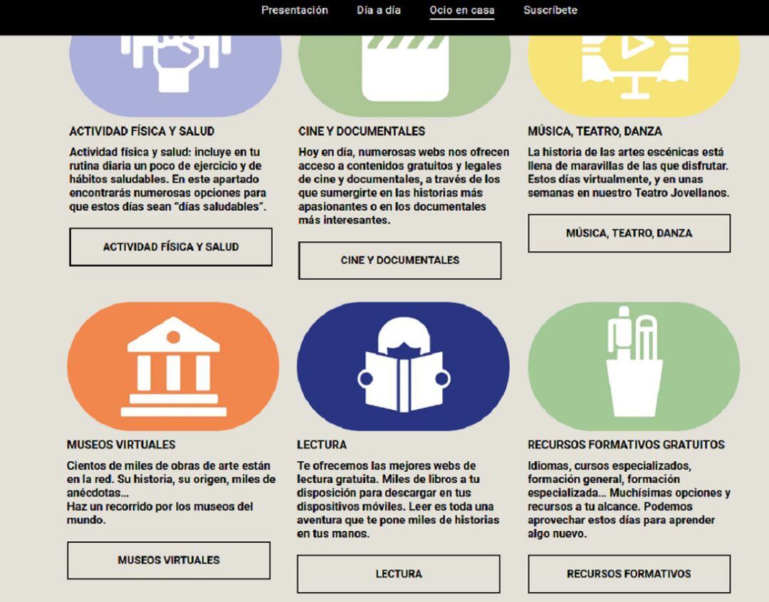 Algunas de las secciones de la web.