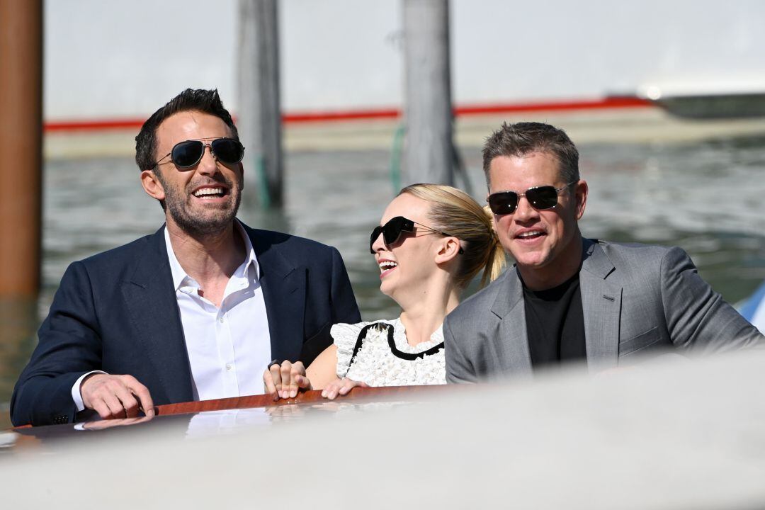 Ben Affleck, Jodie Comer and Matt Damon arrive at the 78th Venice International Film Festival on September 10, 2021 in Venice, Italy