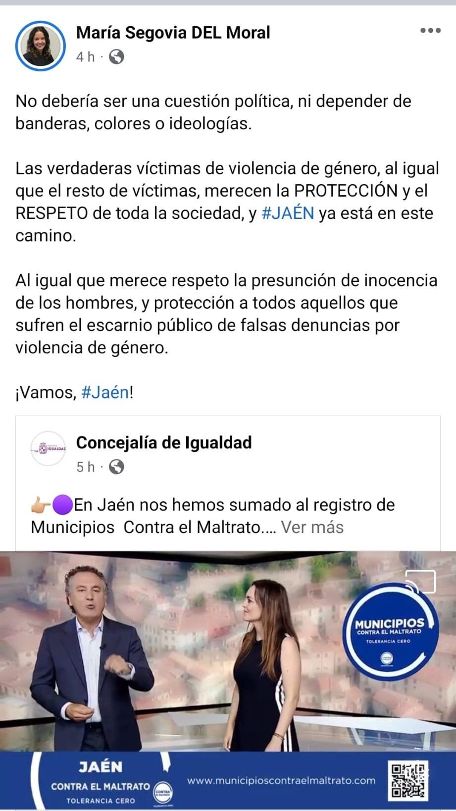 Pantallazo del escrito de la concejala de Igualdad, María Segovia, en sus redes sociales.