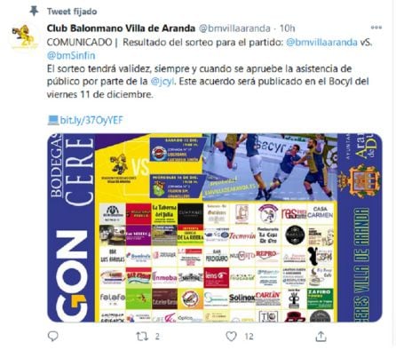 Twitter del Villa de Aranda anunciando el sorteo y reparto de entradas a sus socios