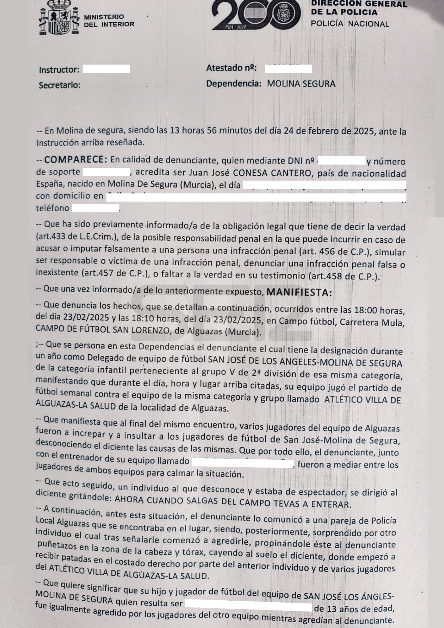 Denuncia de la agresión a la Policía Nacional