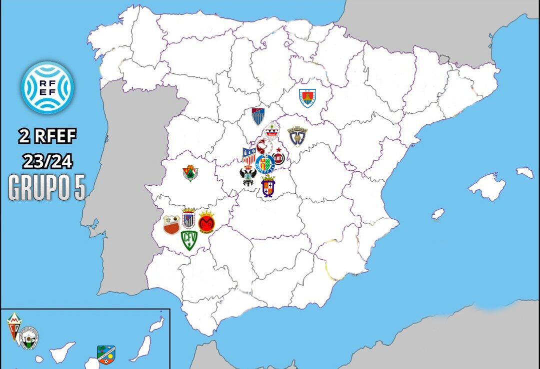 Distribución geográfica de los clubes que forman el grupo V de la Segunda División RFEF 23-24.