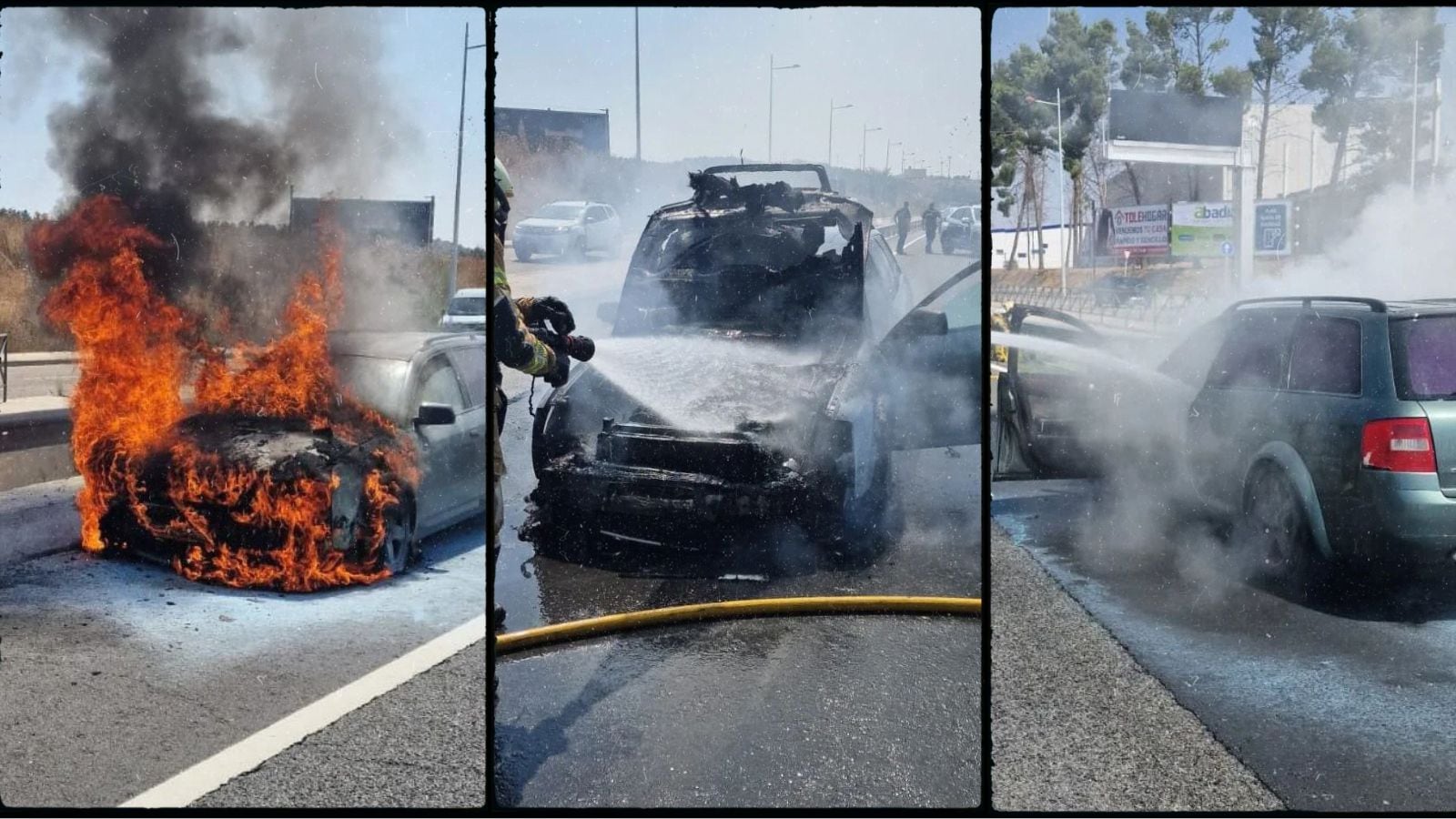 Imágenes del incendio de un vehículo en la carretera TO-23, que une los barrios de Santa Bárbara y el Polígono en Toledo