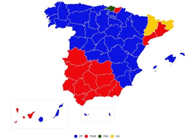 Resultados electorales de 1996: primera fuerza por provincias.