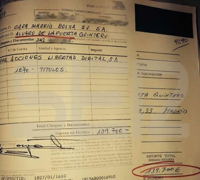 Orden de compra de las acciones por el mismo importe y fecha que figura en los &#039;papeles de Bárcenas&#039; supuestamente firmada por Álvaro Lapuerta