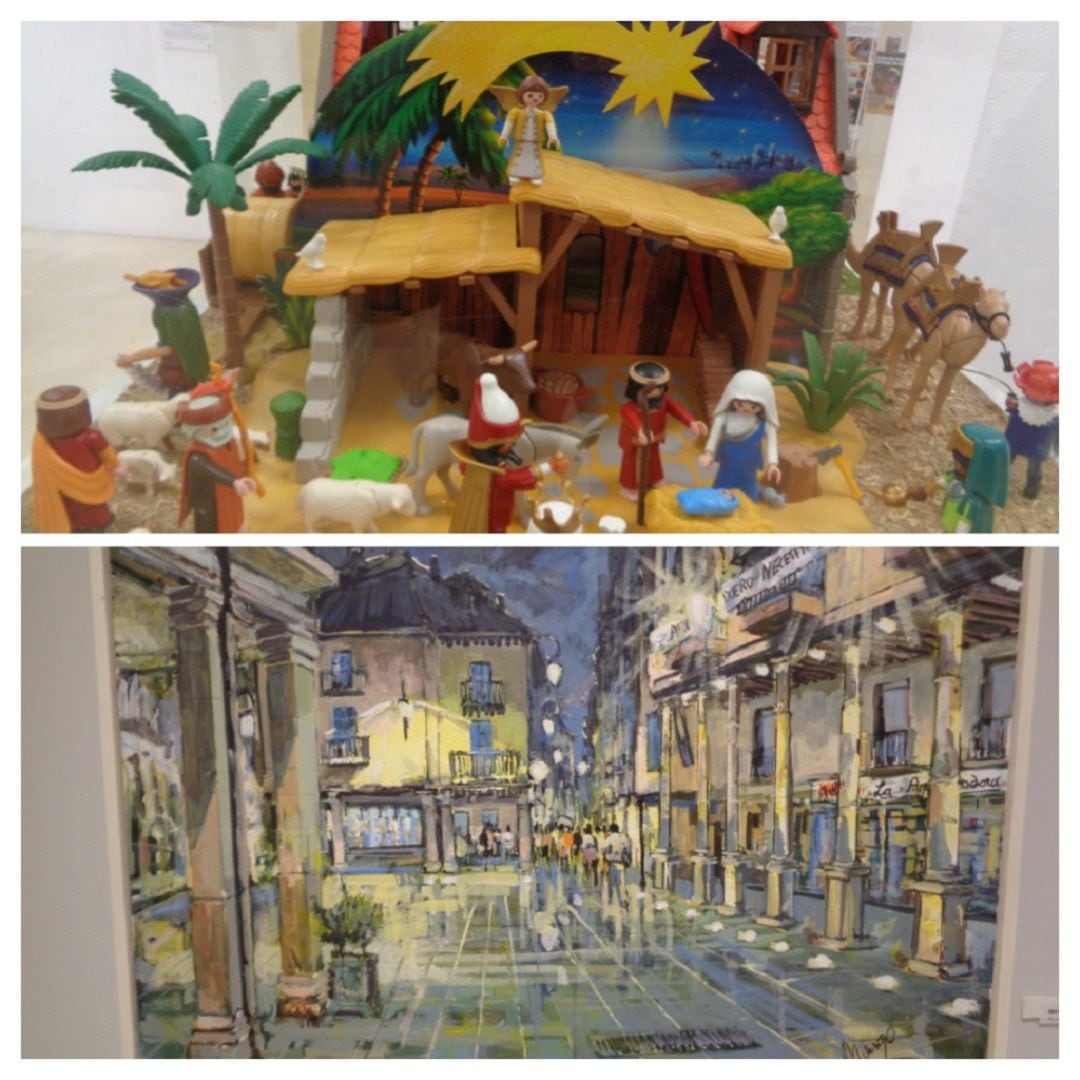 Imagen de una de las vitrinas de la exposición de Playmobil y de uno de los cuadros de Severiano Monge