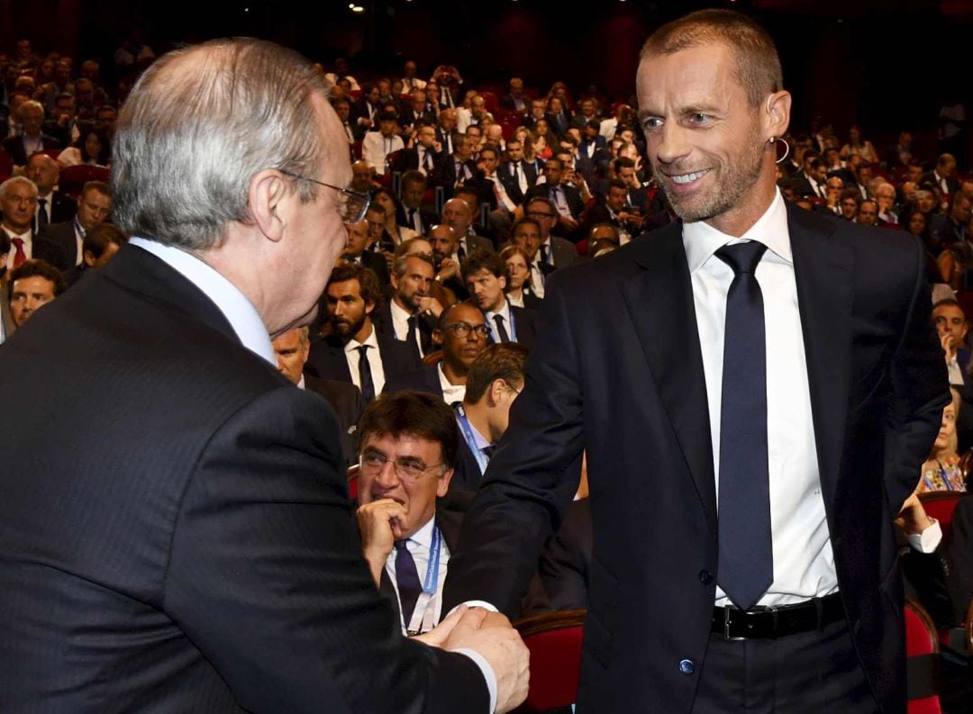 El presidente del Real Madrid, Florentino Pérez, y el de la UEFA, Aleksander Ceferin.