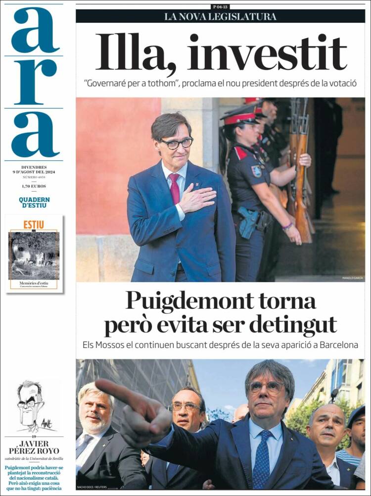 Portada del periódico &#039;Ara&#039; (9 de agosto de 2024).