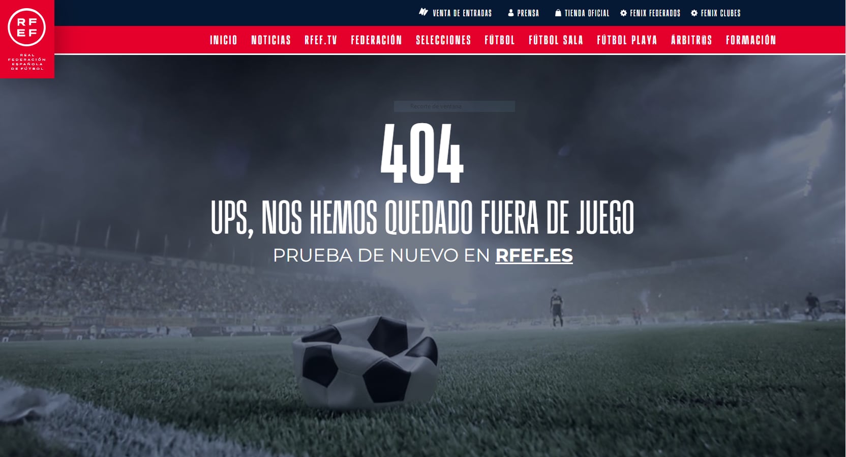 Pantallazo de la página web de la RFEF, que da error al intentar acceder al comunicado eliminado