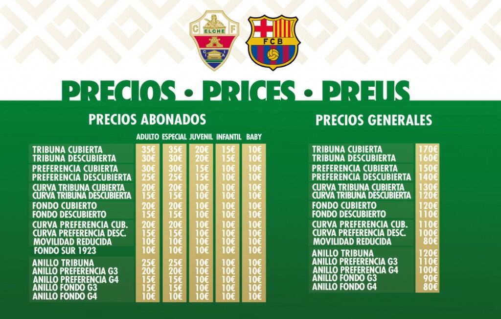 Precio de la entradas del Elche-Barcelona del sábado 1 de abril