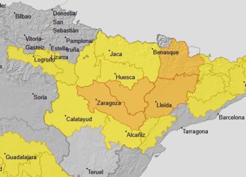 Mapa con alertas amarillas y naranjas en Huesca