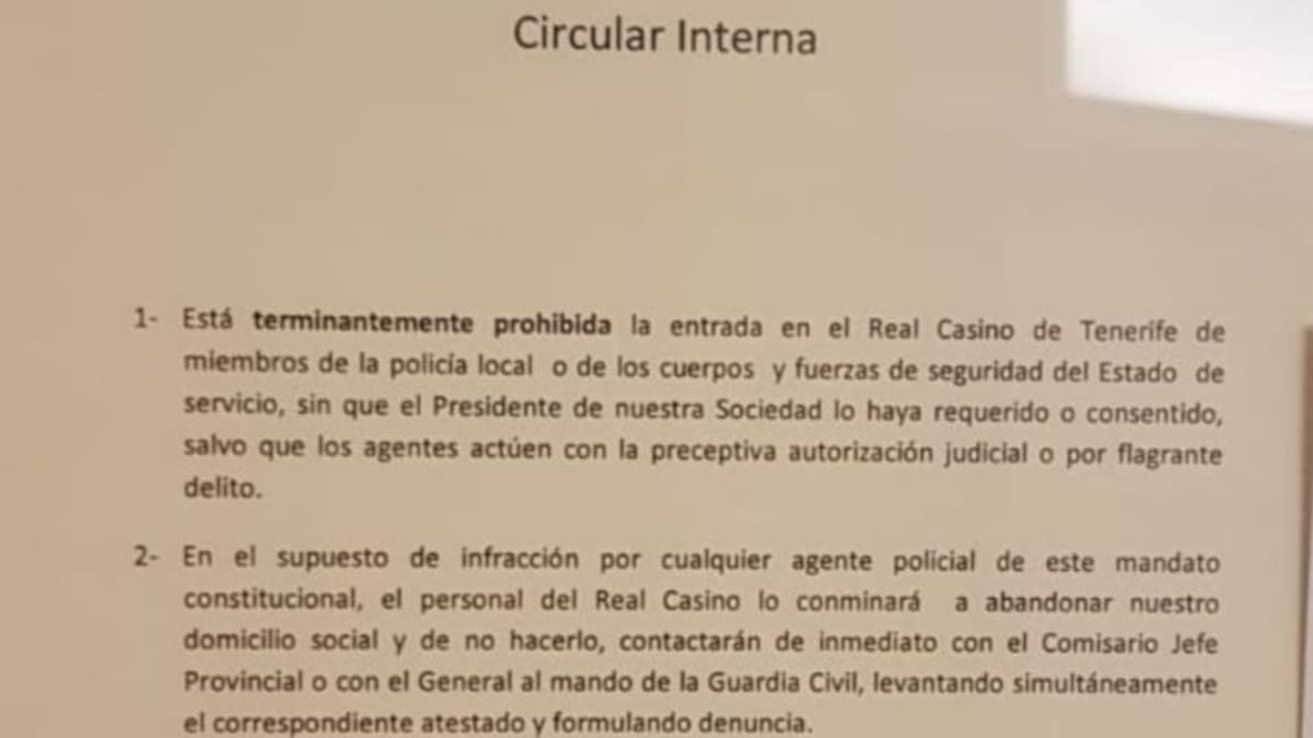 El Casino de Tenerife prohíbe la entrada de policías sin orden judicial
