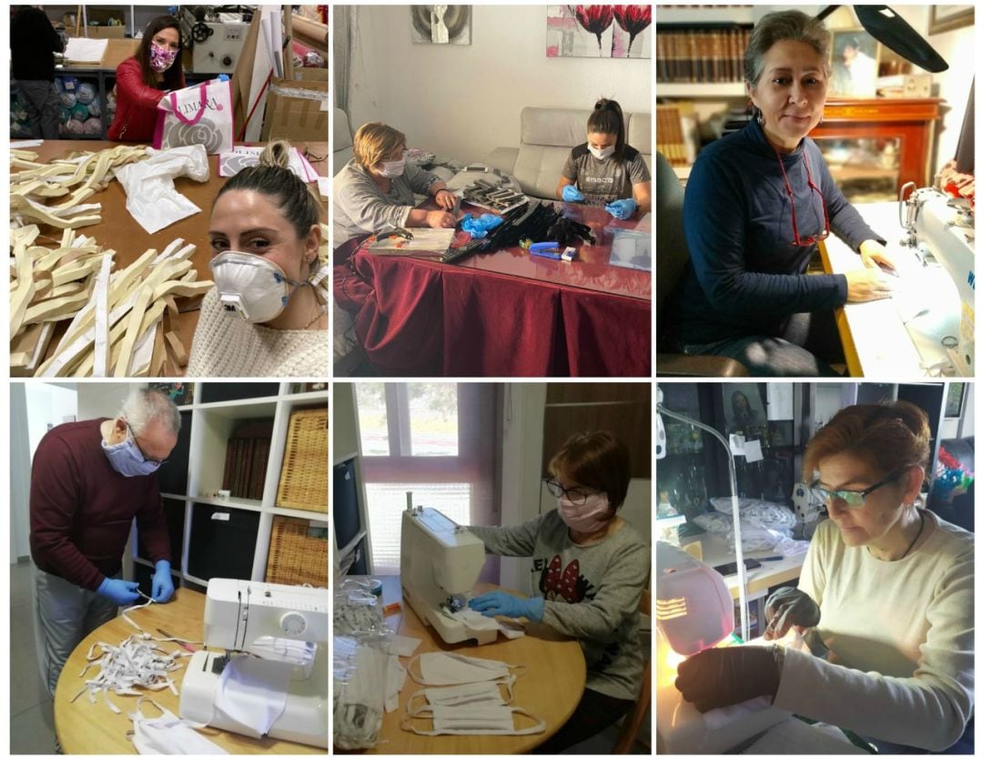 Voluntarios fabricando  mascarillas.