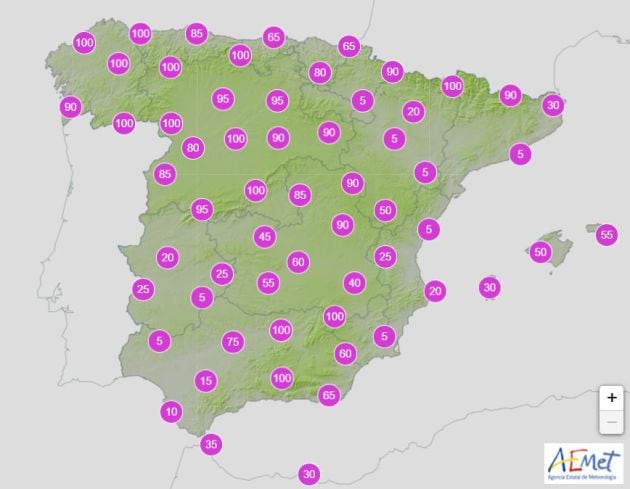 Probabilidad de lluvias el domingo por la mañana.