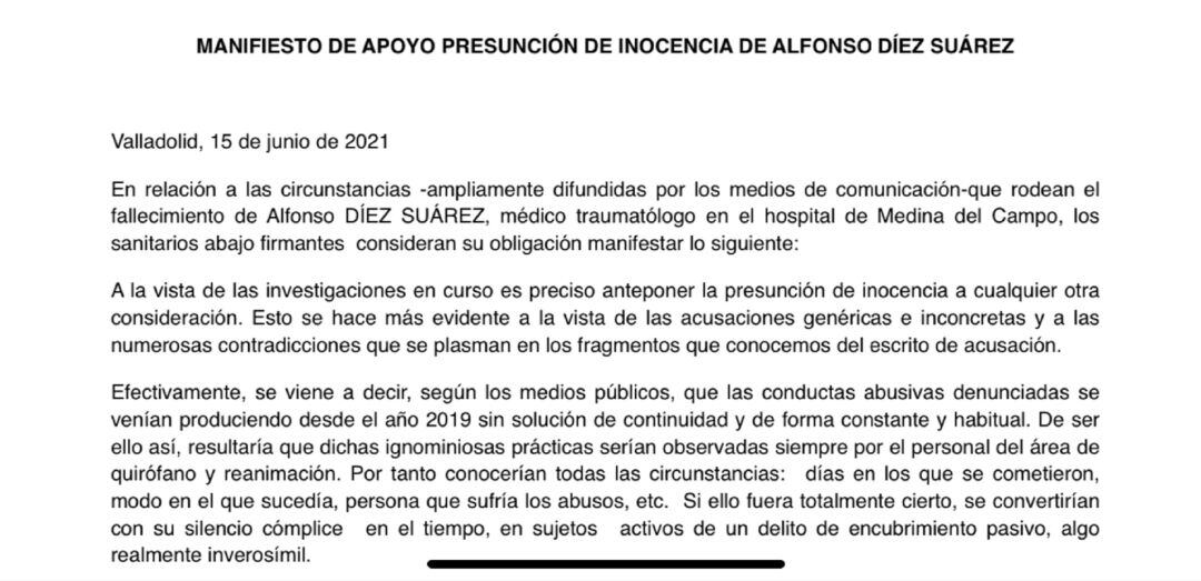 Fragmento de la carta remitida por 41 facultativos defendiendo la presunción de inocencia