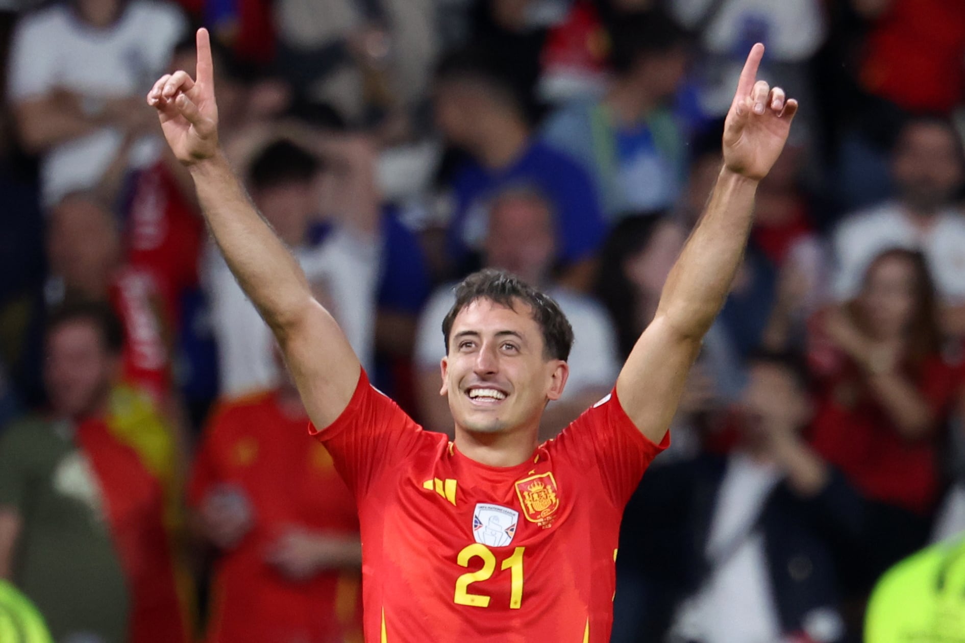 Berlin (Germany), 14/07/2024.- Mikel Oyarzabal of Spain celebrates scoring the 2-1 goal during the UEFA EURO 2024 final soccer match between Spain and England, in Berlin, Germany, 14 July 2024. (Alemania, España) EFE/EPA/CHRISTOPHER NEUNDORF
