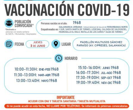 Información sobre la vacunación del 3 de junio en Salamanca capital