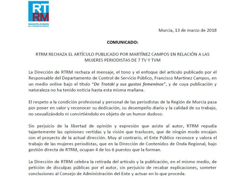 Este es el comunicado, íntegro, del Consejo de RTRM