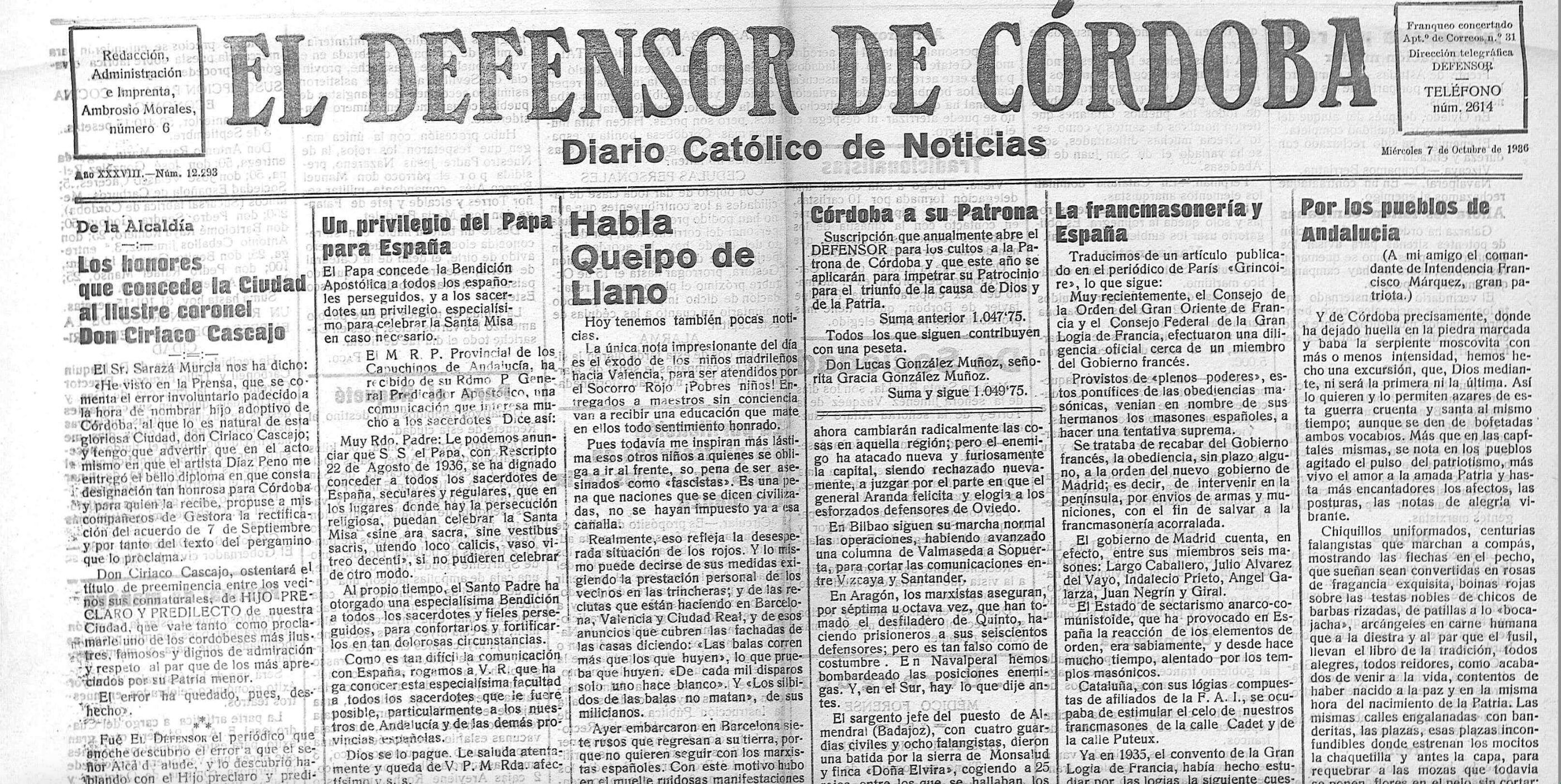 Ejemplar de El Defensor de Córdoba con referencia al título de Hijo Predilecto de Córdoba del General Cascajo