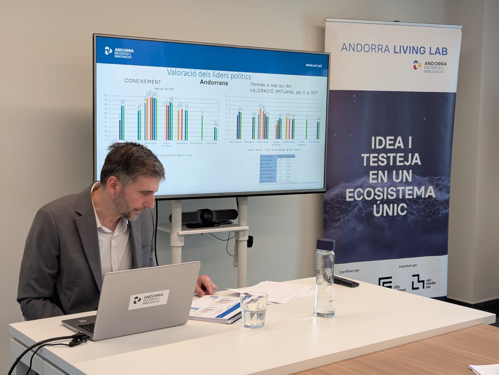 El coordinador de l'àrea de sociologia de l'AR+I, Joan Micó, presenta els resultats de la darrera enquesta política.