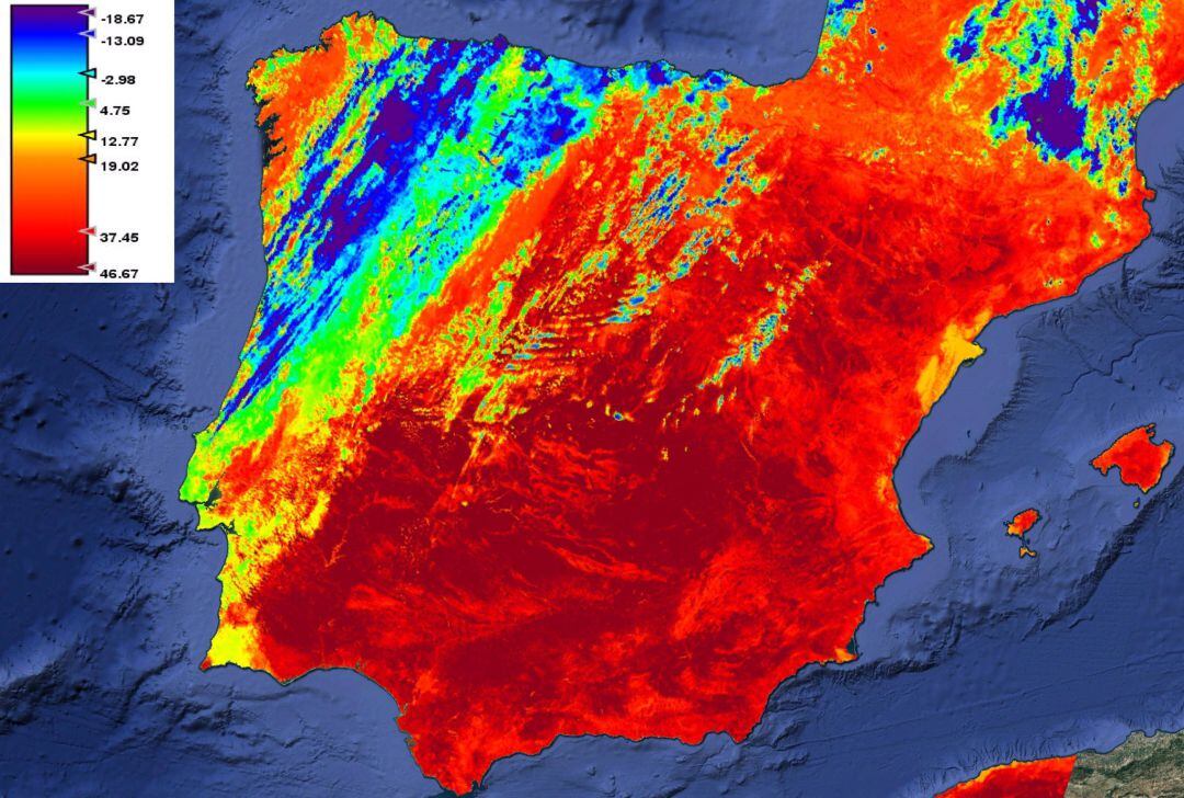 Temperatura del suelo medida desde el satélite Sentinel 3el martes a las 10:38 UTC.