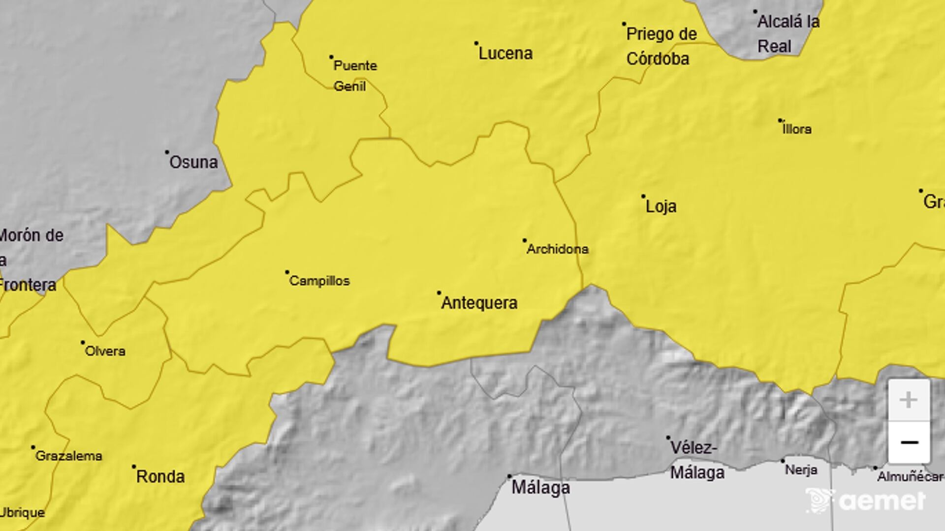 Aviso amarillo por lluvias y tormentas en la comarca de Antequera