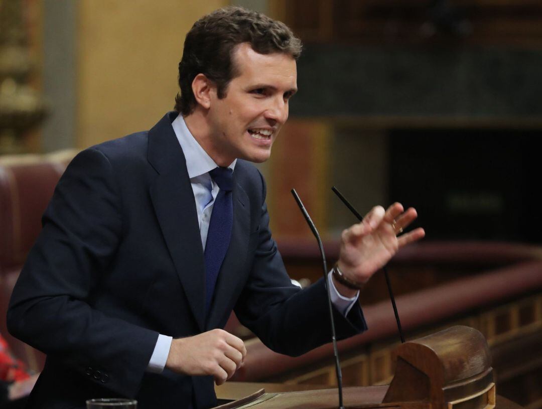 El presidente del Partido Popular, Pablo Casado, durante su intervención en el pleno del Congreso de los Diputados