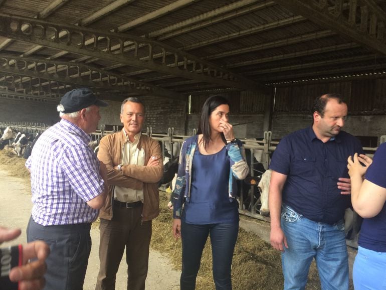 Agustín Hernández y Paula Prado visitan junto a Isabel García Pacín una explotación ganadera en la parroquia compostelana de Aríns