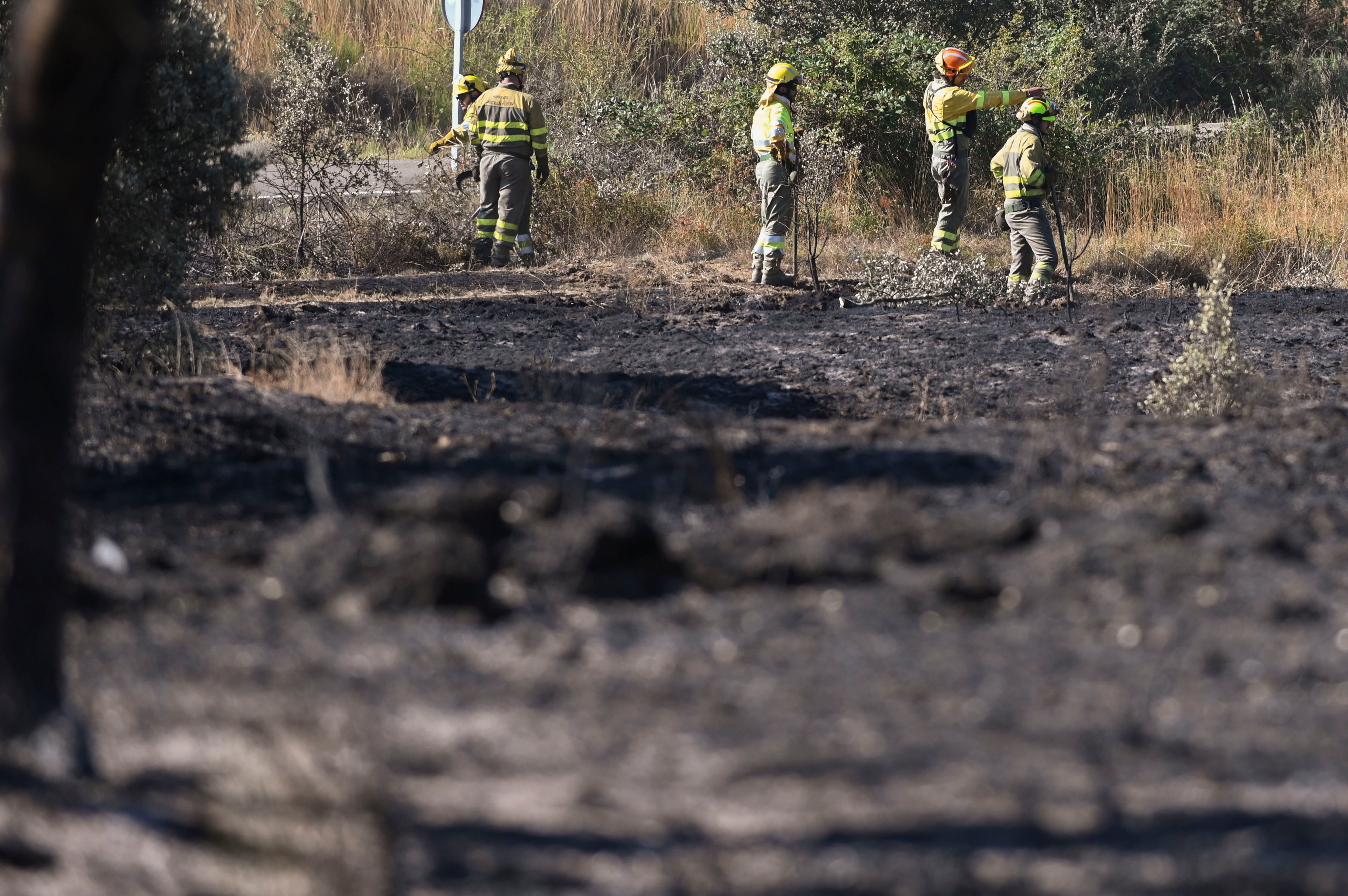 -FOTODELDIA- CASTRILLO DE LOS POLVAZARES (LEÓN), 20/08/2024.- Los trabajos de extinción llevados a cabo durante las últimas horas han evitado que el incendio forestal declarado el lunes en la localidad leonesa de Castrillo de los Polvazares, cerca de Astorga, amenace núcleos de población, aunque ha sido necesario desalojar a varias familias de dos de ellos, Piedralba y Oteruelo de la Valduerna. EFE/J.Casares
