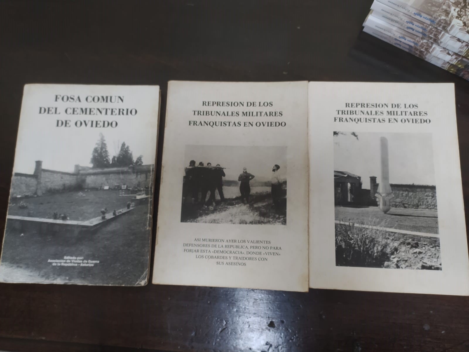 Los tres libros sobra la fosa común de Oviedo depositados en el Archivo Histórico de Asturias.