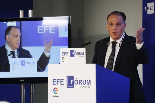 El presidente de la LFP, Javier Tebas, en un acto celebrado este jueves.