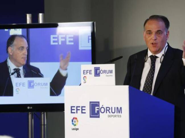 El presidente de la LFP, Javier Tebas, en un acto celebrado este jueves.