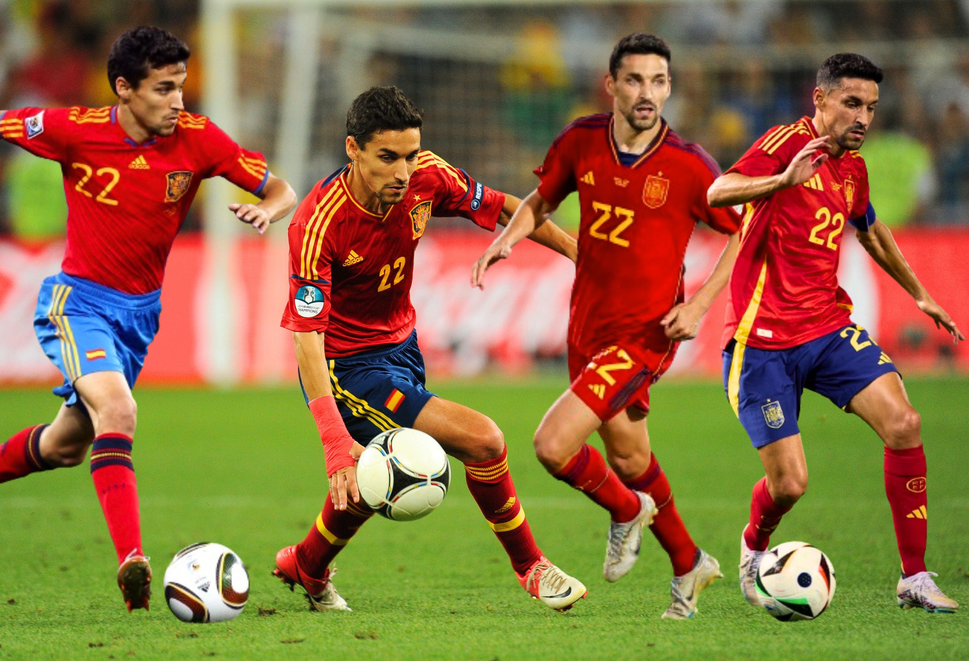 Jesús Navas, con la Selección Española en 2010, 2012, 2023 y 2024