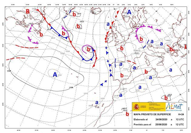 Mapa de isobaras elaborado previsto para este jueves.