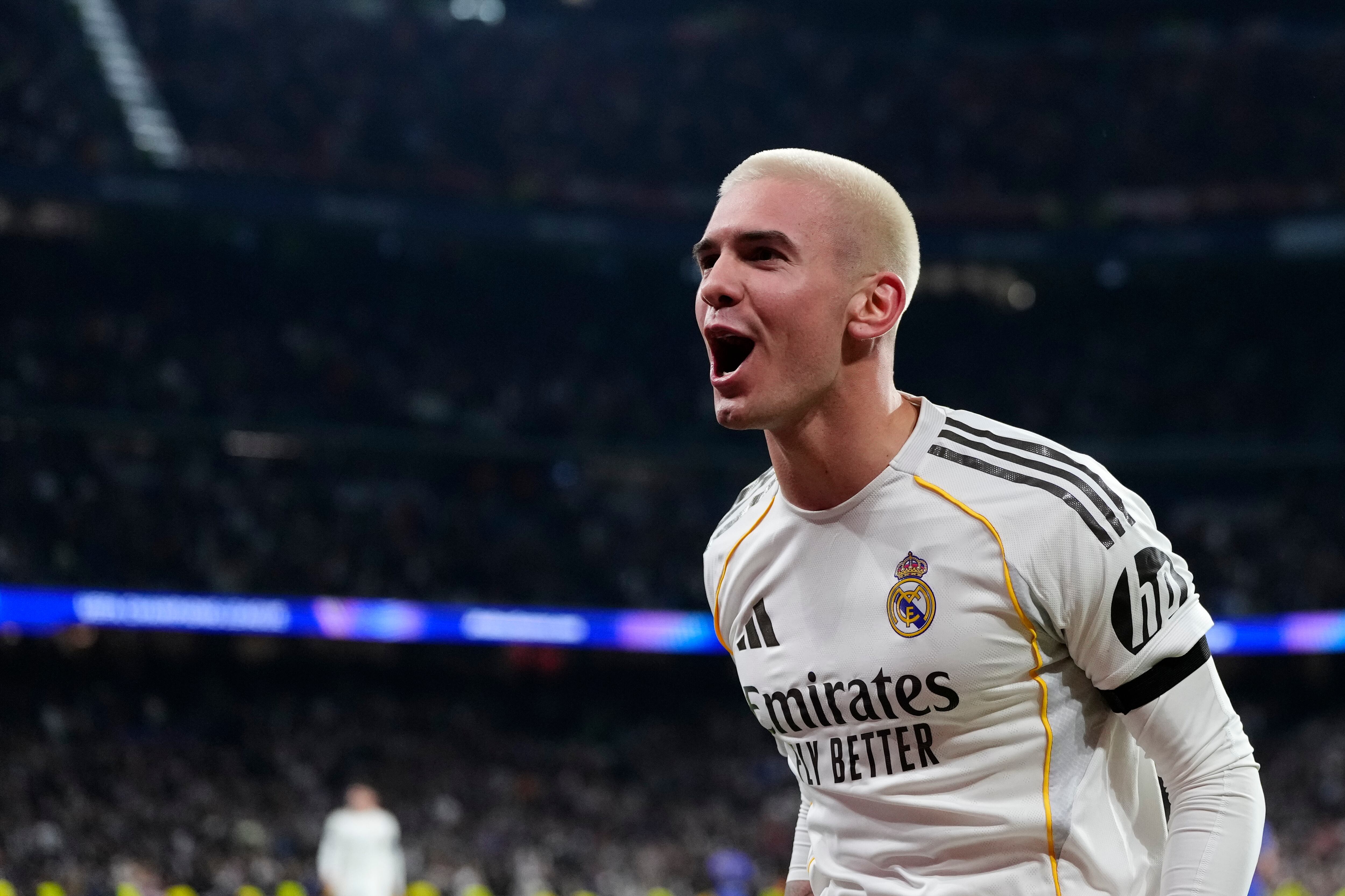 Franco Mastantuono celebra su primer gol en la Champions League con el Real Madrid