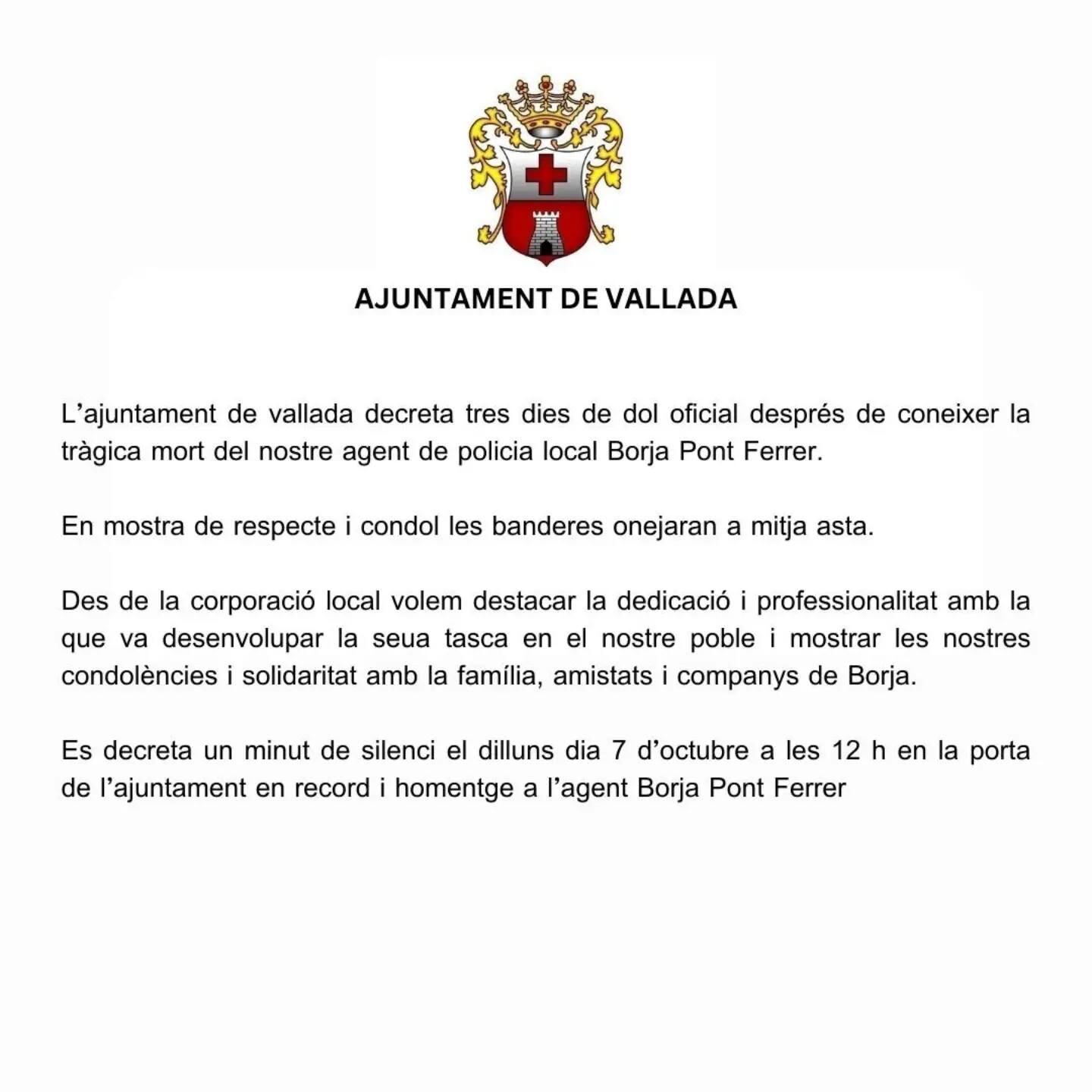 Comunicado del Ayuntamiento de Vallada