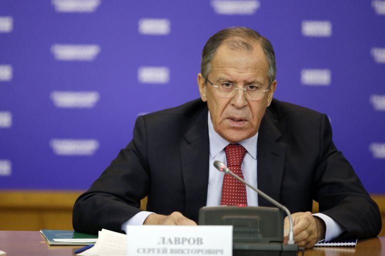 Russian Foreign Minister Sergey Lavrov delivers a lecture at the Foreign Ministry headquarters in Moscow, Russia, Monday, Oct. 20, 2014. (AP Photo/Pavel Golovkin) 