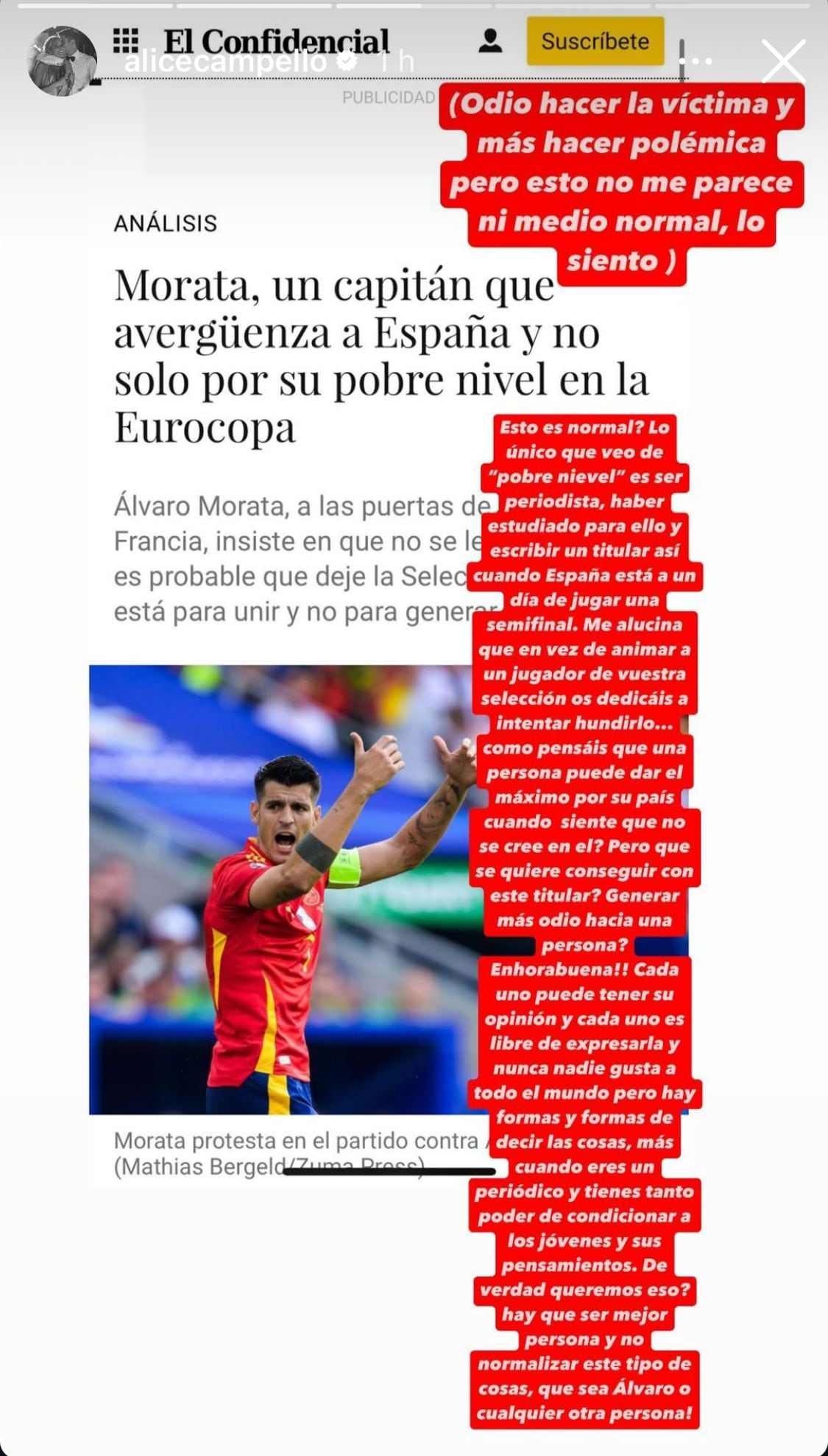 Historia en la que Alice Campello defiende a Álvaro Morata tras las críticas durante la Eurocopa