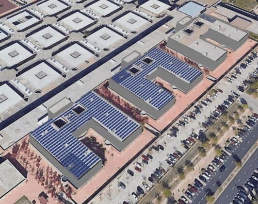 Maqueta con las placas fotovoltaicas que se van a instalar en el Hospital Fundación Alcorcón