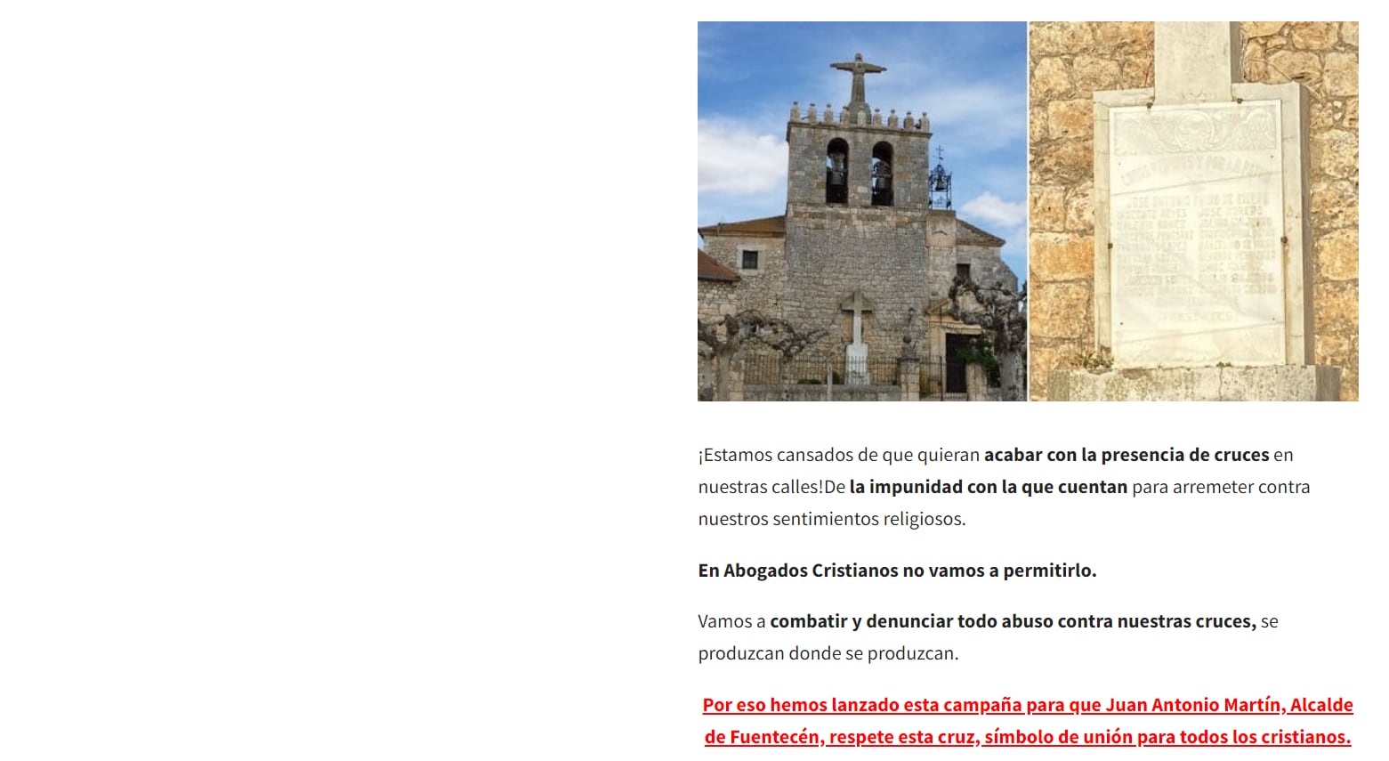 Imagen de la campaña de Abogados Cristianos sobre la cruz de la Iglesia de Fuentecén