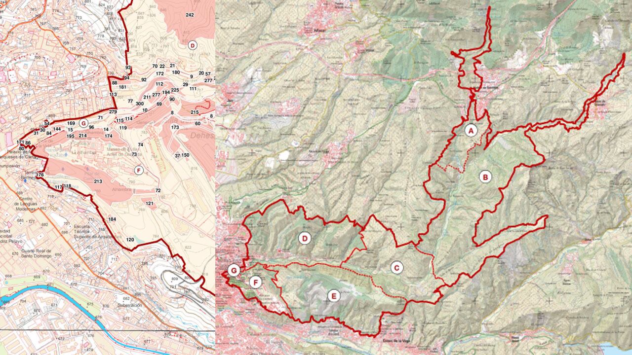 Planimetría de la zona de protección como Bien de Interés Cultural (BIC) del Valle del Darro en Granada, Beas de Granada y Huétor Santillán