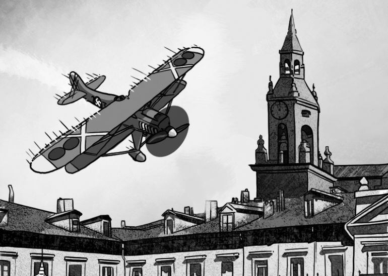 Uno de los dibujos de la exposición recuerda al accidente de un avión nazi en la Plaza de España