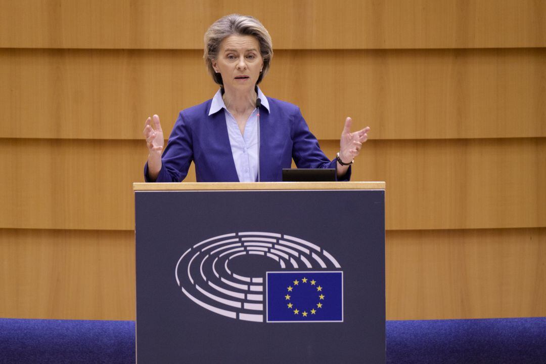 La presidenta de la Comisión Europea, Ursula von der Leyen, durante su intervención de este miércoles en el Parlamento Europeo.