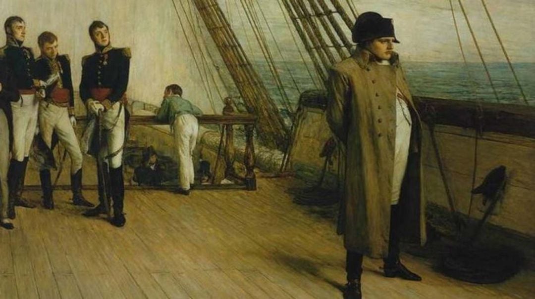 Napoleón a bordo del Bellerophon. El barco atracó brevemente en Torbay el 24 de junio de 1815 en su camino al exilio en la isla de Santa Elena en el Atlántico Sur. 