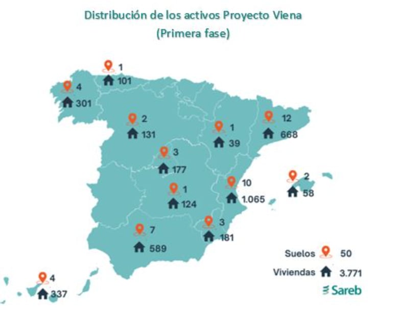 Mapa de suelos de la Sareb en los que se construirá vivienda para alquiler social y asequible