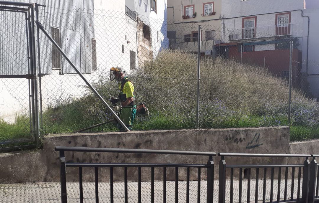 Un operario limpia un solar en la calle Tiro Nacional de la capital.